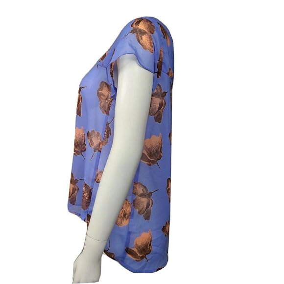 Collective Concepts Top Womens Size M Medium Blue Flowers Birds Sheer Zip Back - Picture 2 of 6